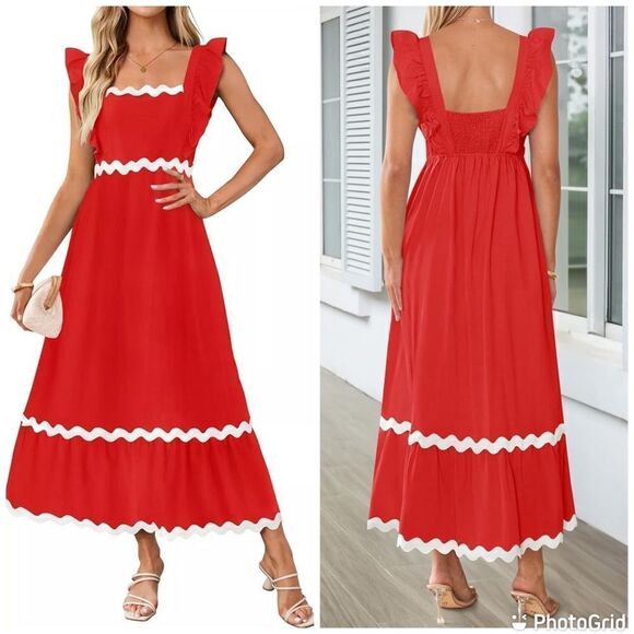 ZESICA Sleeveless Ruffle Square Neck Backless Boho Flowy Maxi Sundress w/Pockets - Picture 1 of 13